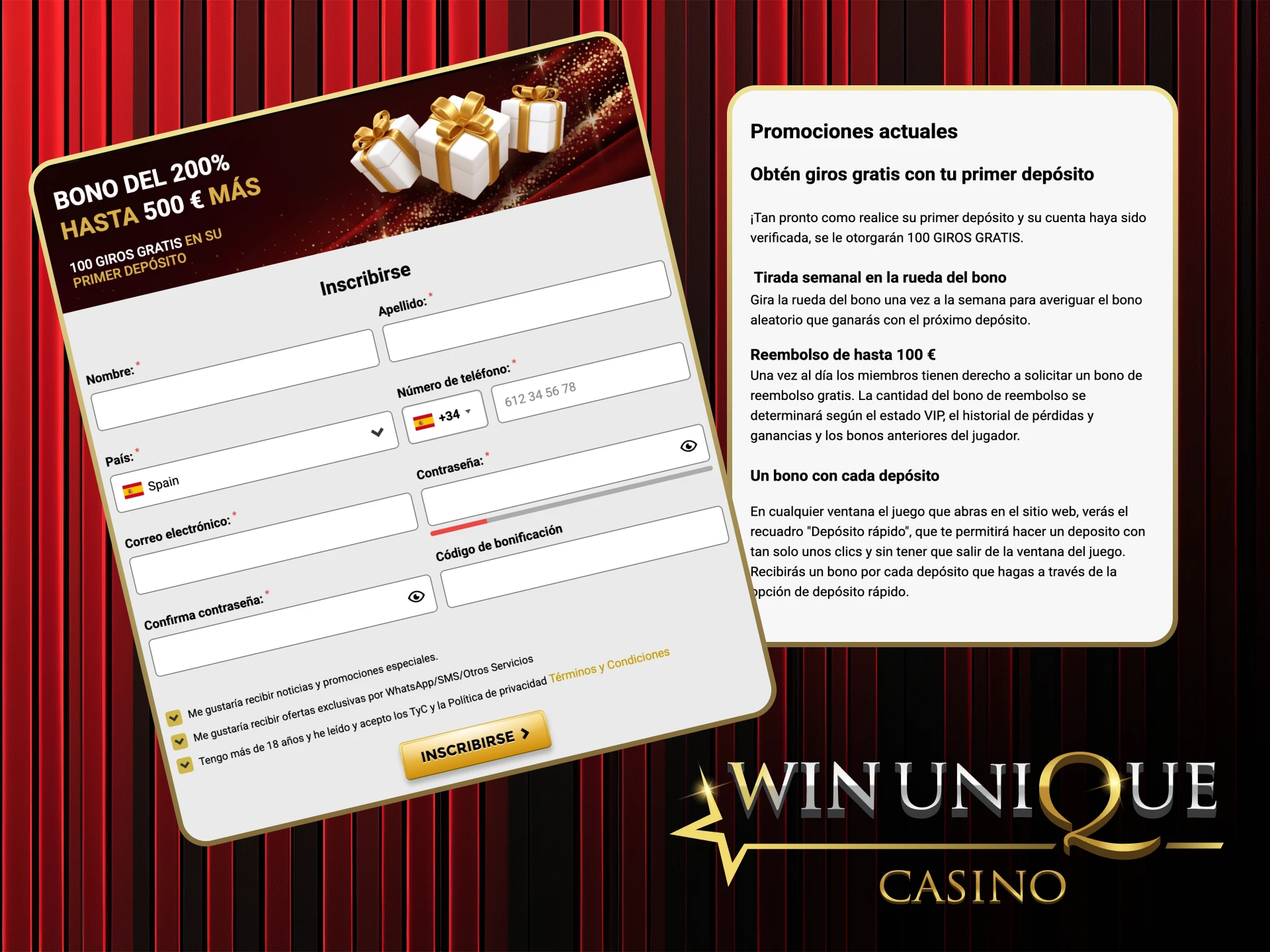 Crea tu cuenta en Win Unique Casino y desbloquea emocionantes bonos.